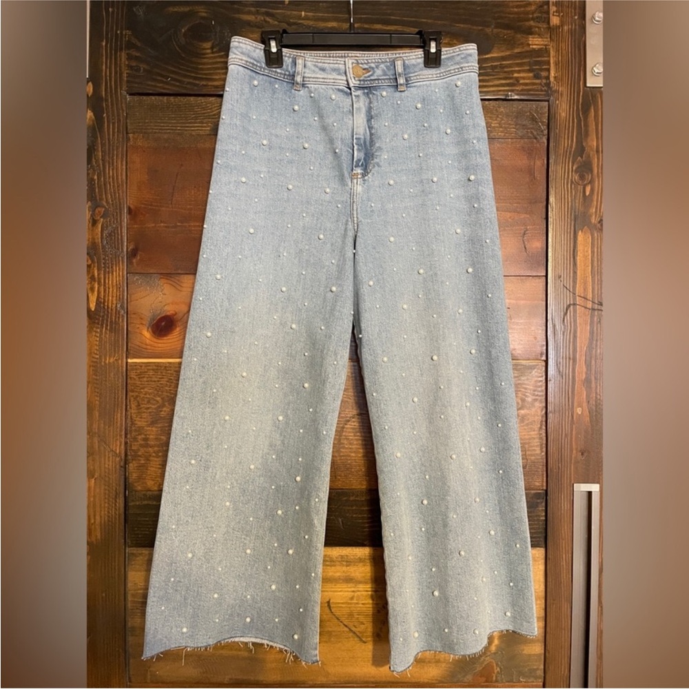 NWT ANTONIO MELANI Light Blue Wide Leg Jeans with Pearl Accents